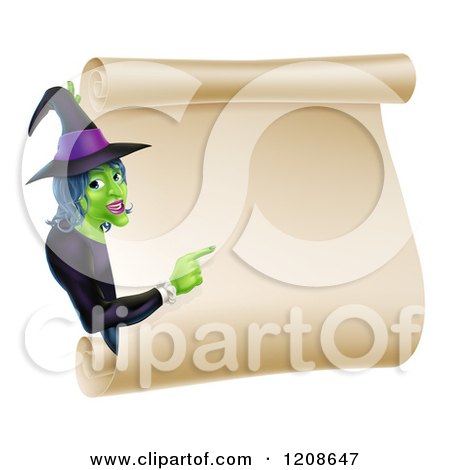 Cartoon of a Green Halloween Witch Pointing to a Scroll Sign - Royalty Free Vector Clipart by AtStockIllustration