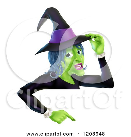 Cartoon of a Green Halloween Witch Touching Her Hat and Pointing down to a Sign - Royalty Free Vector Clipart by AtStockIllustration