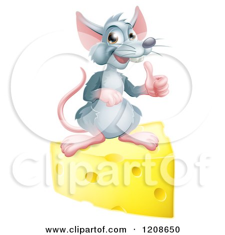 Cartoon of a Happy Gray Mouse Holding a Thumb up on a Block of Cheese - Royalty Free Vector Clipart by AtStockIllustration