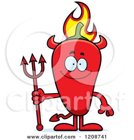 Cartoon of a Happy Flaming Red Chili Pepper Devil Mascot - Royalty Free Vector Clipart by Cory Thoman