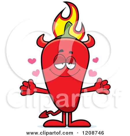 Cartoon of a Loving Flaming Red Chili Pepper Devil Mascot - Royalty Free Vector Clipart by Cory Thoman