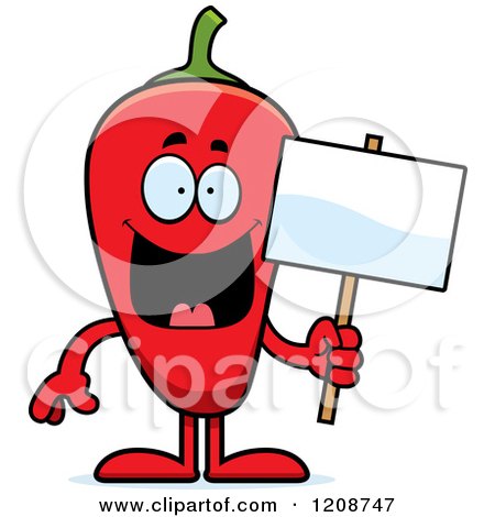 Cartoon of a Red Chili Pepper Mascot Holding a Sign - Royalty Free Vector Clipart by Cory Thoman