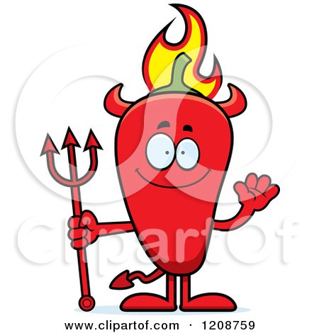 Cartoon of a Waving Flaming Red Chili Pepper Devil Mascot - Royalty Free Vector Clipart by Cory Thoman