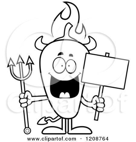 Cartoon of a Black and White Flaming Chili Pepper Devil Mascot - Royalty Free Vector Clipart by Cory Thoman