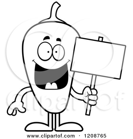 Cartoon of a Black and White Chili Pepper Mascot Holding a Sign - Royalty Free Vector Clipart by Cory Thoman