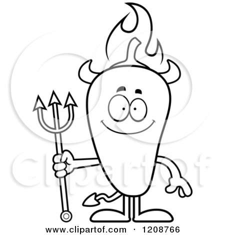 Cartoon of a Black and White Happy Flaming Chili Pepper Devil Mascot - Royalty Free Vector Clipart by Cory Thoman