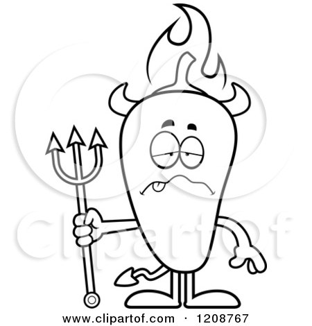 Cartoon of a Black and White Sick Flaming Chili Pepper Devil Mascot - Royalty Free Vector Clipart by Cory Thoman