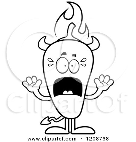 Cartoon of a Black and White Scared Flaming Chili Pepper Devil Mascot - Royalty Free Vector Clipart by Cory Thoman