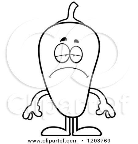 Cartoon of a Black and White Depressed Chili Pepper Mascot - Royalty Free Vector Clipart by Cory Thoman