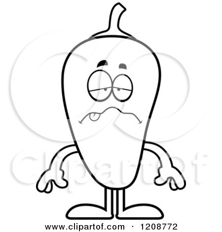 Cartoon of a Black and White Sick Chili Pepper Mascot - Royalty Free Vector Clipart by Cory Thoman