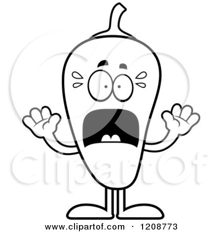 Cartoon of a Black and White Scared Screaming Chili Pepper Mascot - Royalty Free Vector Clipart by Cory Thoman