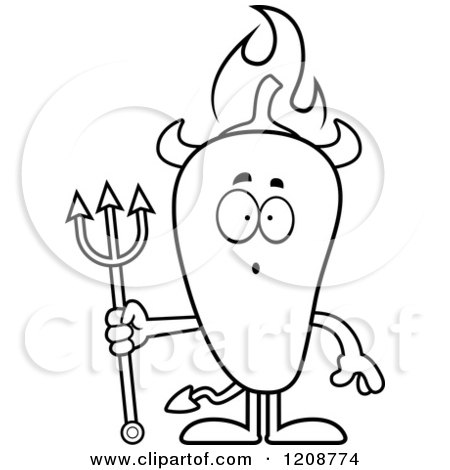 Cartoon of a Black and White Surprised Flaming Chili Pepper Devil Mascot - Royalty Free Vector Clipart by Cory Thoman