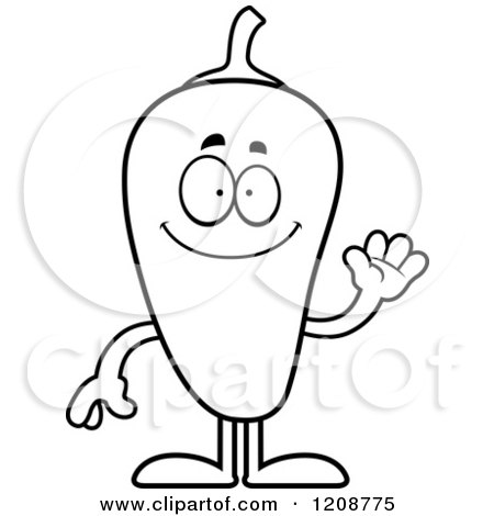 Cartoon of a Black and White Waving Chili Pepper Mascot - Royalty Free Vector Clipart by Cory Thoman