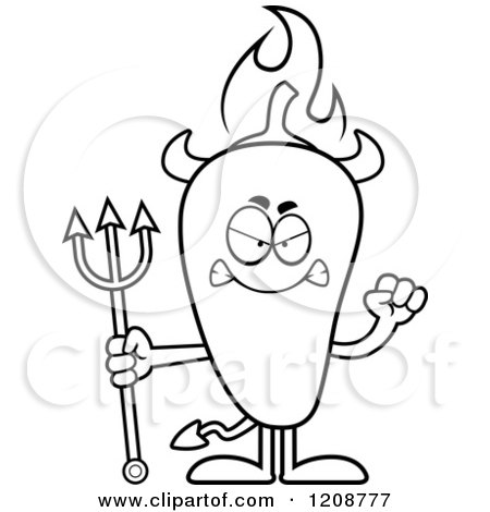 Cartoon of a Black and White Mad Flaming Chili Pepper Devil Mascot - Royalty Free Vector Clipart by Cory Thoman