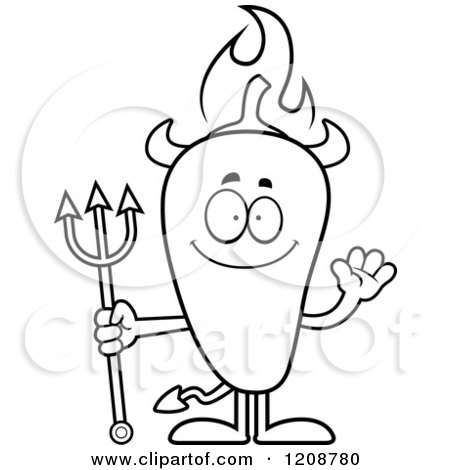 Cartoon of a Black and White Waving Flaming Chili Pepper Devil Mascot - Royalty Free Vector Clipart by Cory Thoman