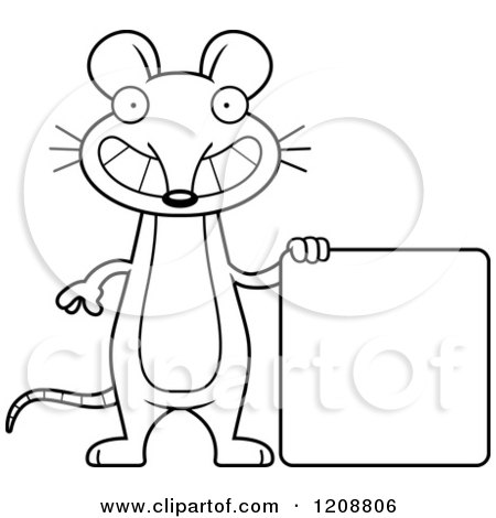 Cartoon of a Black and White Happy Skinny Mouse by a Sign - Royalty Free Vector Clipart by Cory Thoman