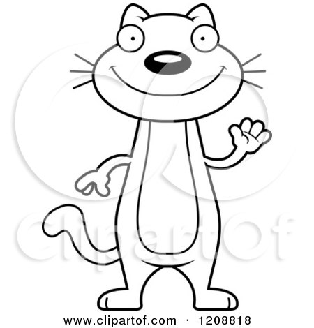 Cartoon of a Black And White Waving Skinny Cat - Royalty Free Vector Clipart by Cory Thoman