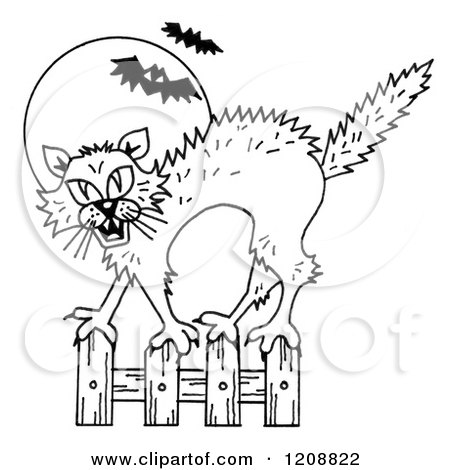 Cartoon of a Black and White Halloween Scared Cat and Bats Against a Full Moon - Royalty Free Clipart by LoopyLand