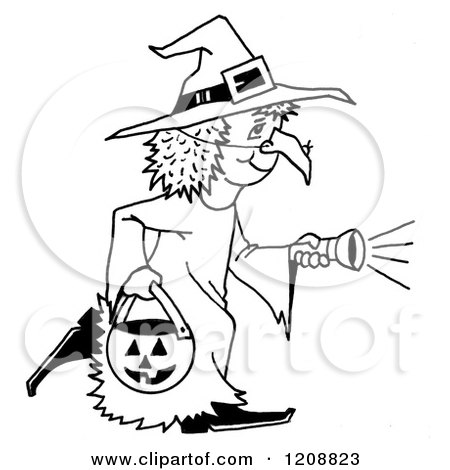 Cartoon of a Black and White Halloween Trick or Treater Girl in a Witch Costume - Royalty Free Clipart by LoopyLand