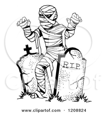 Cartoon of a Black and White Halloween Mummy and Tombstones - Royalty Free Clipart by LoopyLand
