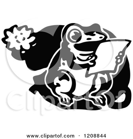 Clipart of a Vintage Black and White Frog Reading on a Lily Pad - Royalty Free Vector Illustration by Prawny Vintage