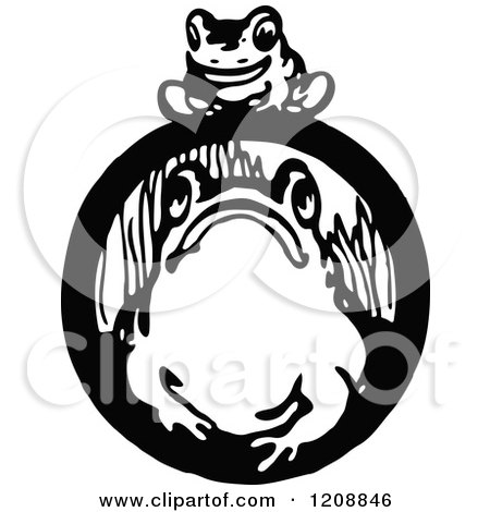 Clipart of a Vintage Black and White Frog and Baby - Royalty Free Vector Illustration by Prawny Vintage