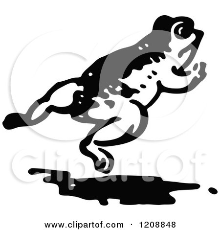 Clipart of a Vintage Black and White Frog Leaping - Royalty Free Vector Illustration by Prawny Vintage