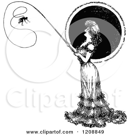 Clipart of a Vintage Black and White Lady Catching a Man on a Fishing Pole - Royalty Free Vector Illustration by Prawny Vintage