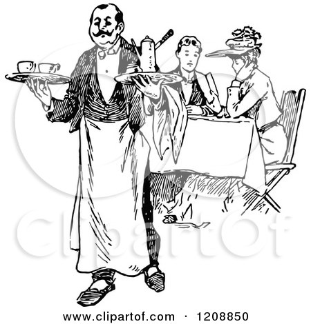 Clipart of a Vintage Black and White French Waiter and Diners - Royalty Free Vector Illustration by Prawny Vintage