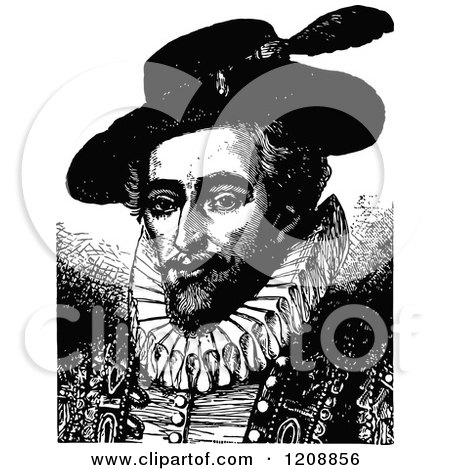 Clipart of a Vintage Black and White Portrait of Sir Walter Raleigh - Royalty Free Vector Illustration by Prawny Vintage