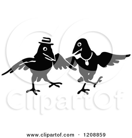 Clipart of a Vintage Black and White Crow Couple Dancing - Royalty Free Vector Illustration by Prawny Vintage
