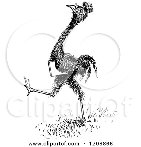 Clipart of a Vintage Black and White Smart Emu Carrying a Book - Royalty Free Vector Illustration by Prawny Vintage