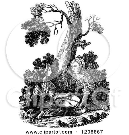 Clipart of a Vintage Black and White Biblica Scene of Two Women Grinding at the Mill Matthew 24v41 - Royalty Free Vector Illustration by Prawny Vintage