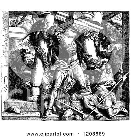 Clipart of a Vintage Black and White Biblica Scene of Samson Destroying the Philistine Temple - Royalty Free Vector Illustration by Prawny Vintage