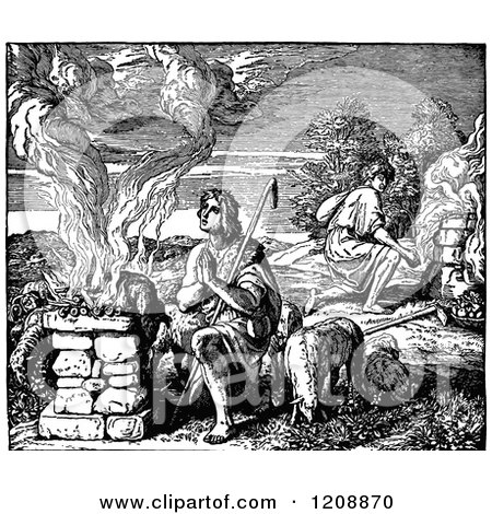 Clipart of a Vintage Black and White Biblica Scene of Cain and Abels Offering Unto God - Royalty Free Vector Illustration by Prawny Vintage