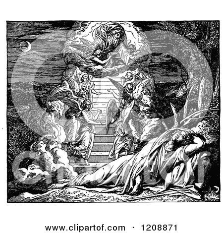 Clipart of a Vintage Black and White Biblica Scene of Jacobs Dream with Angels Ascending and Descending - Royalty Free Vector Illustration by Prawny Vintage