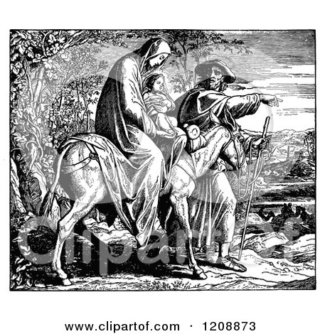 Clipart of a Vintage Black and White Scene of Mary Joseph and Baby Jesus Traveling to Egypt - Royalty Free Vector Illustration by Prawny Vintage