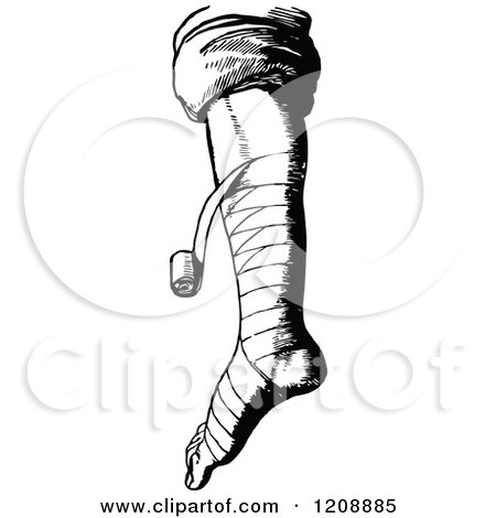 Clipart of a Vintage Black and White Bandaged Foot and Leg - Royalty Free Vector Illustration by Prawny Vintage