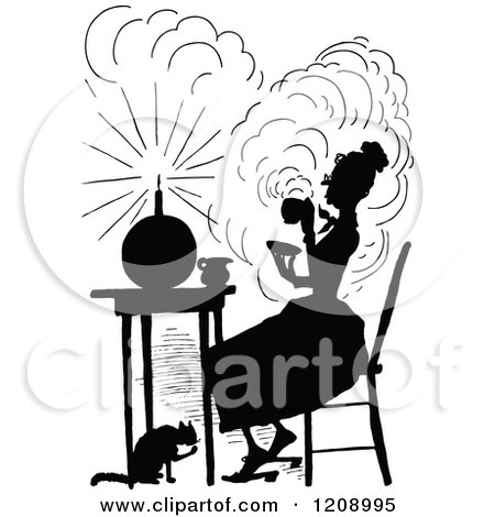 Clipart of a Vintage Black and White Silhouetted Cat Grooming by a Lady Drinking Hot Tea - Royalty Free Vector Illustration by Prawny Vintage