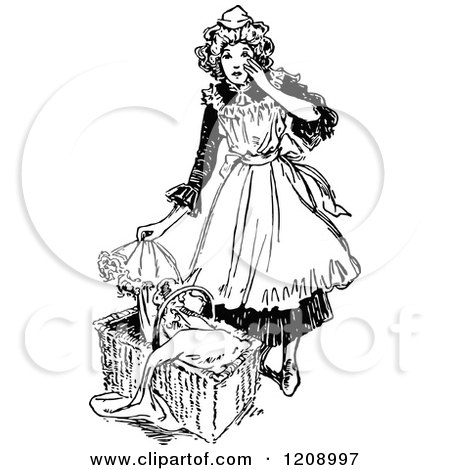 Clipart of a Vintage Black and White French Maid and Baby Basket - Royalty Free Vector Illustration by Prawny Vintage