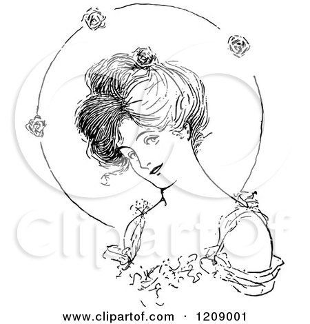 Clipart of a Vintage Black and White Pretty Lady - Royalty Free Vector Illustration by Prawny Vintage