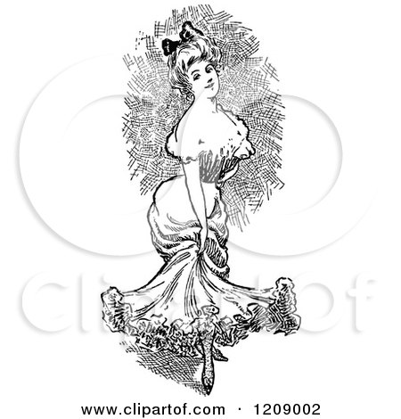 Clipart of a Vintage Black and White Lady Holding Her Dress - Royalty Free Vector Illustration by Prawny Vintage