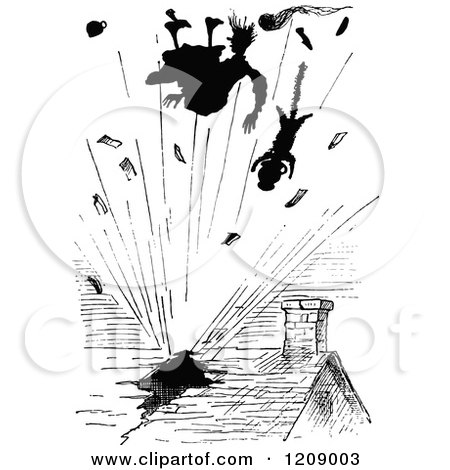 Clipart of a Vintage Black and White Woman and Cat Bursting Through a Roof in an Explosion - Royalty Free Vector Illustration by Prawny Vintage