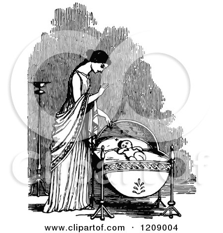 Clipart of a Vintage Black and White Mother over a Baby Cradle - Royalty Free Vector Illustration by Prawny Vintage