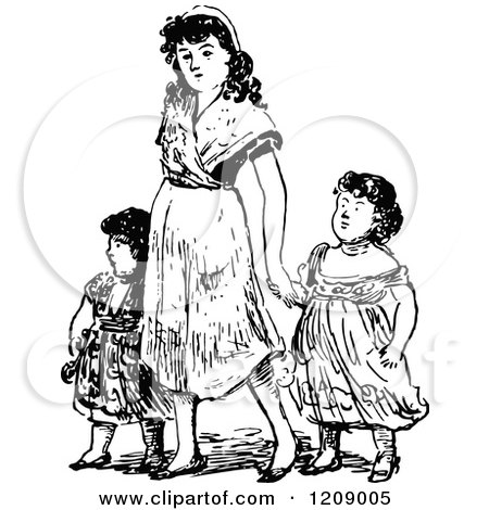 Clipart of a Vintage Black and White Mother and Daughters - Royalty Free Vector Illustration by Prawny Vintage