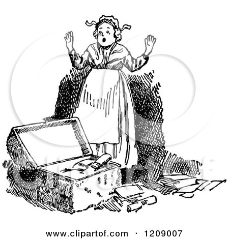Clipart of a Vintage Black and White Lady Finding an Exciting Box of Goodies - Royalty Free Vector Illustration by Prawny Vintage