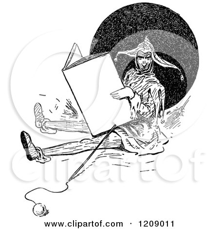 Clipart of a Vintage Black and White Jester Reading a Large Book - Royalty Free Vector Illustration by Prawny Vintage