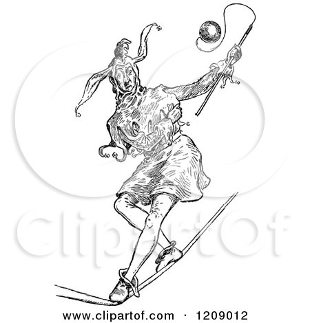 Clipart of a Vintage Black and White Jester Walking a Tightrope - Royalty Free Vector Illustration by Prawny Vintage