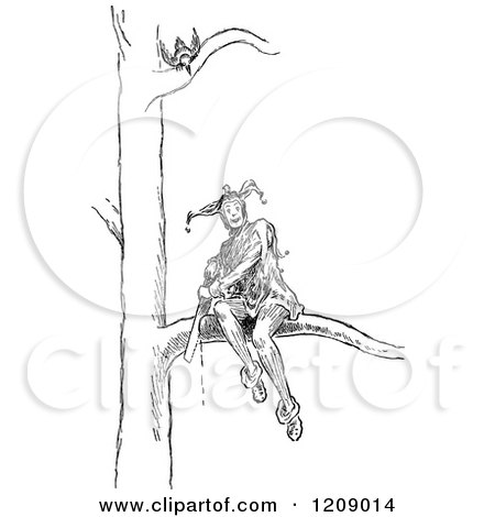 Clipart of a Vintage Black and White Jester Sitting on a Branch and Sawing It off a Tree - Royalty Free Vector Illustration by Prawny Vintage