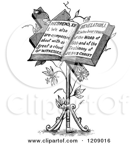 Clipart of a Vintage Black and White Holy Bible on a Stand - Royalty Free Vector Illustration by Prawny Vintage